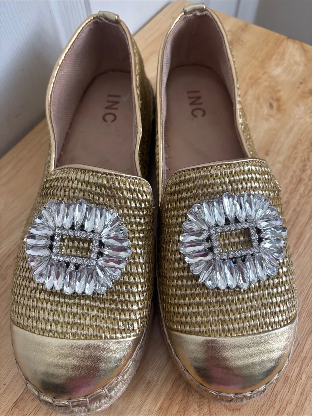 INC Madilyn Raffia Upper Gold Espadrille Slip-On Flats Decorative Crystal Buckle